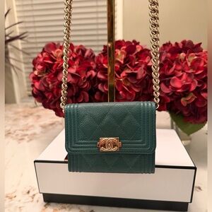 CHANEL Boy Caviar Card Holder Wallet on a chain- Green with gold hardware